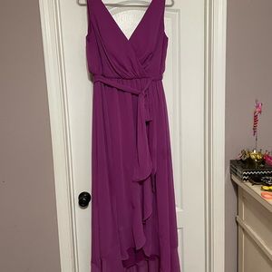 David’s Bridal Raspberry faux wrap chiffon hi-lo dress